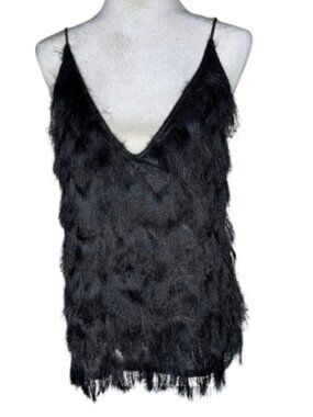 H&M Black Fringe-Trim V-Neck Camisole Top Size Large